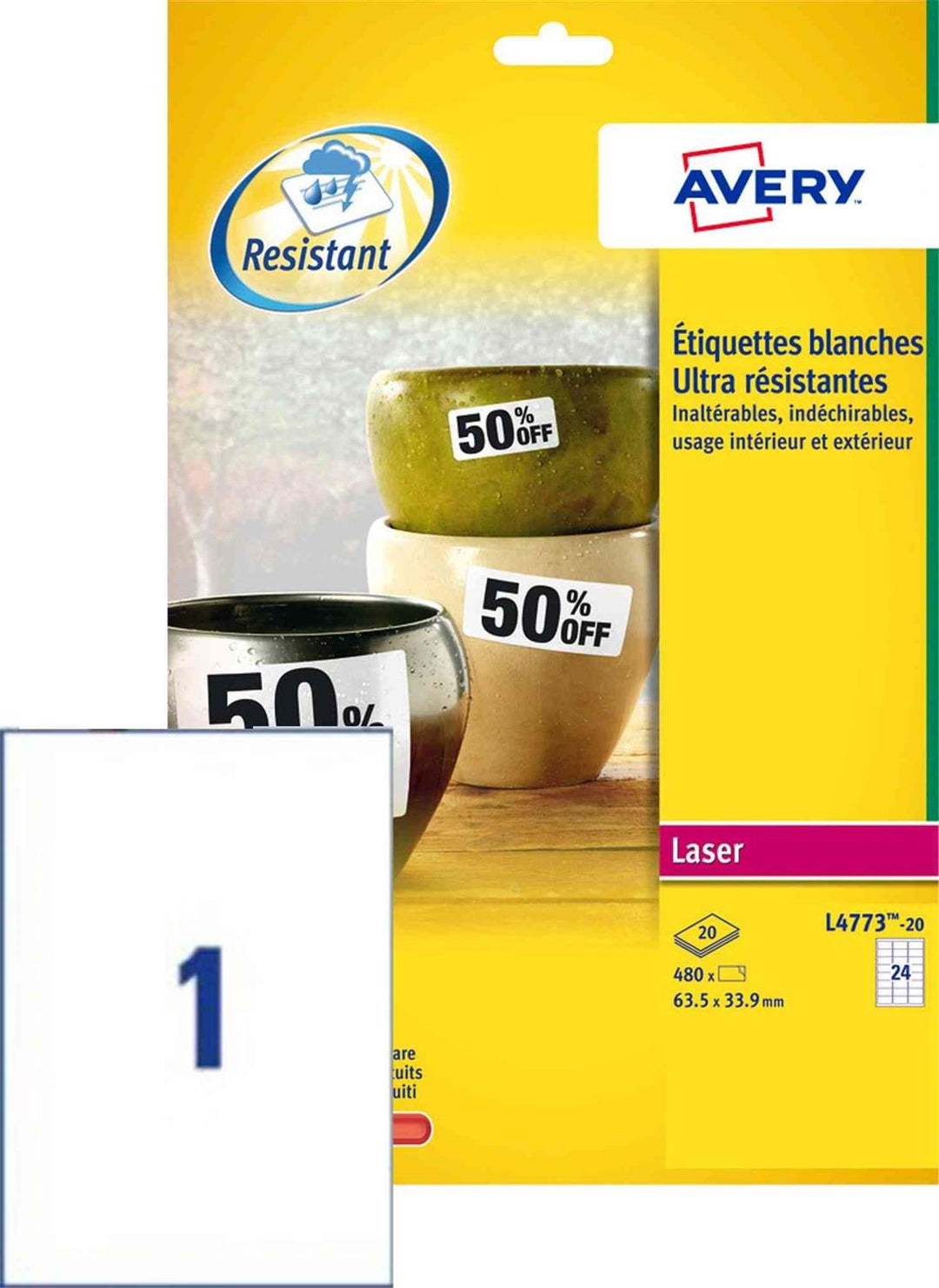 Avery L4776-20 Etiketten sehr widerstandsfähig für Laserdrucker 99,1 x 42,3 mm 240 Stück Weiss
