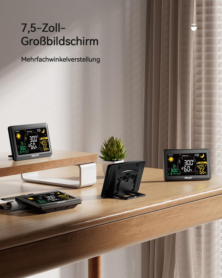 BALDR WLAN-Wetterstation mit App, 7,5-Zoll-Farbdisplay, 3 drahtlose Sensoren, kabellose Wetterstatio