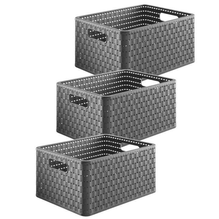 Rotho Country 3er-Set Aufbewahrungsbox 18l in Rattan-Optik, Kunststoff (PP) BPA-frei, anthrazit, 3 x
