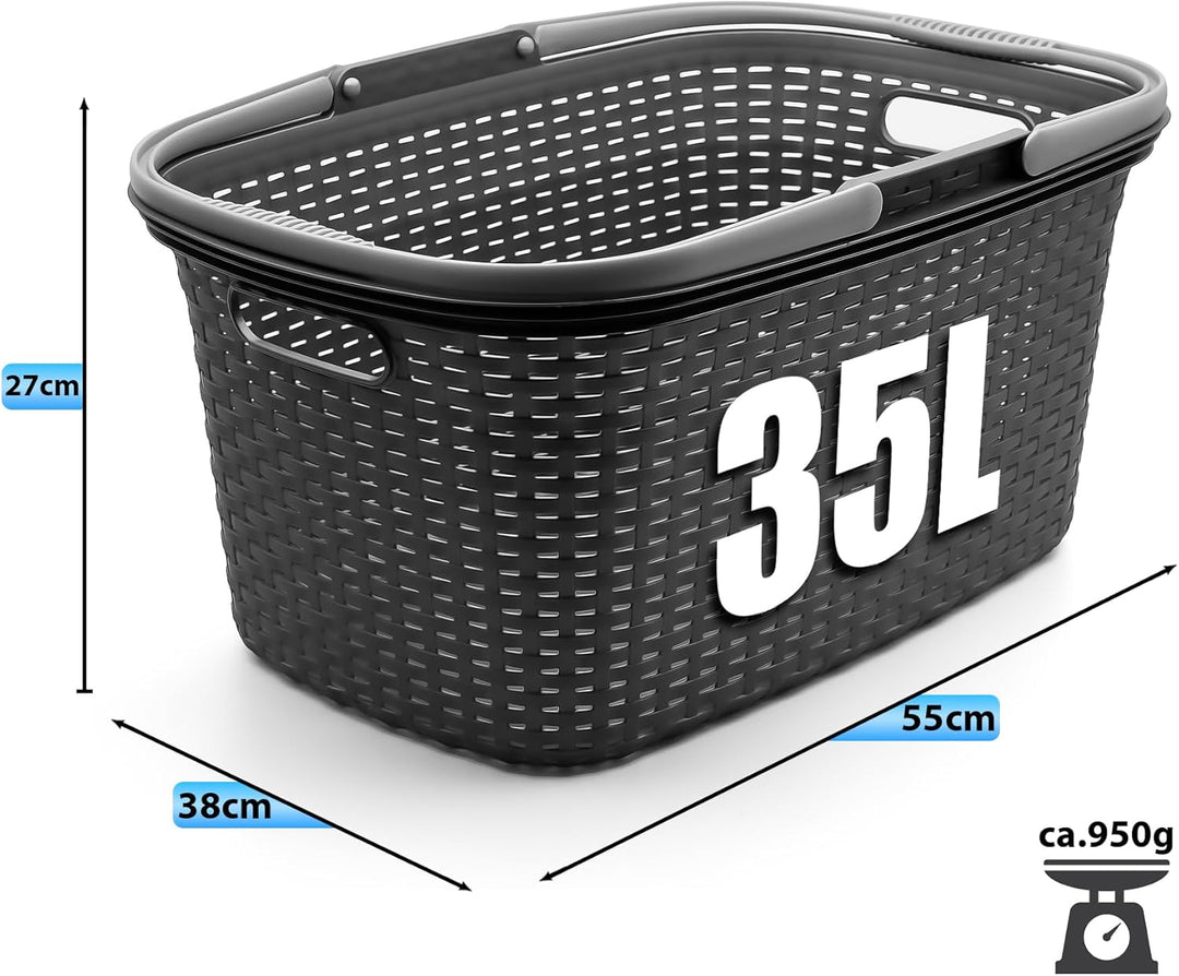 BigDean 3 Stück Wäschekorb mit Henkel 35L Rattan Design – Wäschewanne Made in Germany, 3 Stück