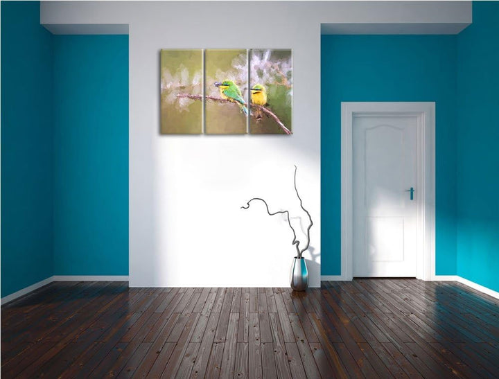 farbenfrohe exotische Vögel auf Ast NewArt 3-Teiler Leinwandbild 120x80 Bild auf Leinwand, XXL riesi