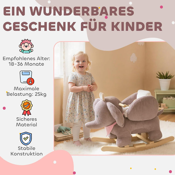 AIYAPLAY Schaukeltier, Elefant-Schaukel, interaktive Tiergeräusche, weiche Füllung, Holzrahmen, Sich