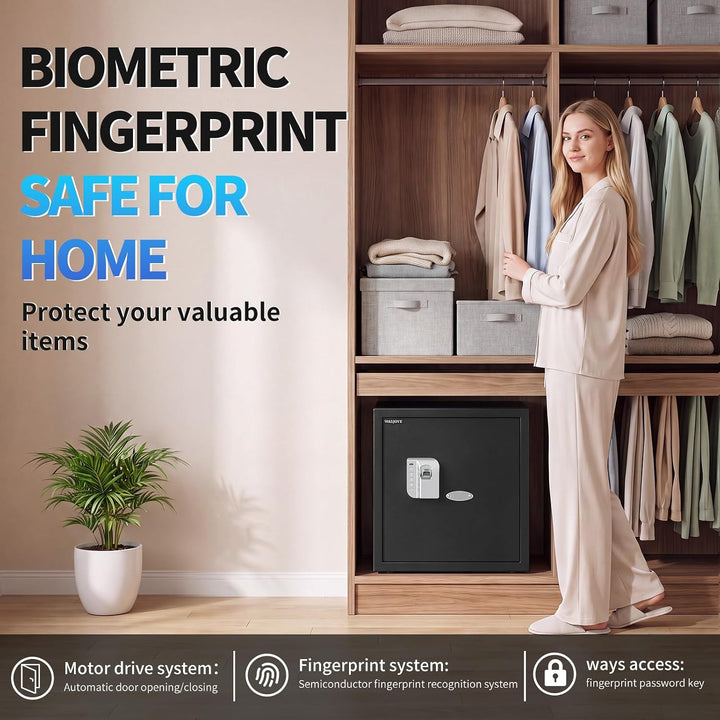 WASJOYE Fingerabdruck Tresor Feuerfester für Zuhause, Safe mit Feuerfeste Schublade, Biometrischer M