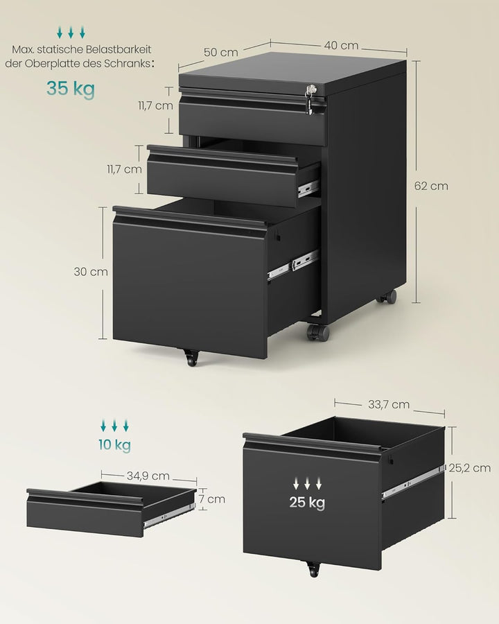 SONGMICS Aktenschrank mit 3 Schubladen, Rollcontainer, Metallschrank, Stahl, abschliessbar, Druckers