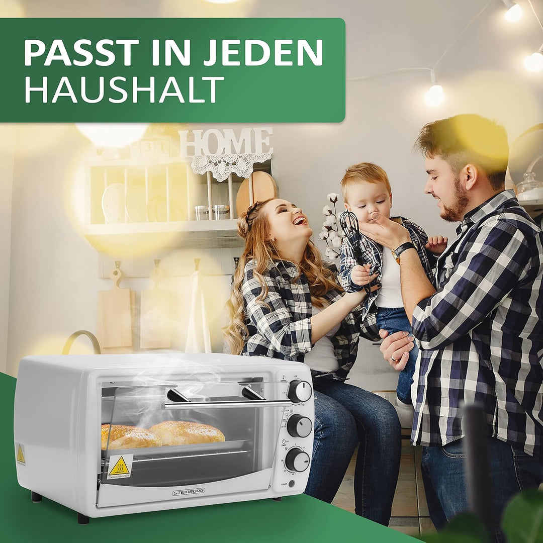 Mini Backofen 13 Liter | 1200 Watt | Pizzaofen | 65°-230°C | Timer | aufklappbares Krümelblech | Min