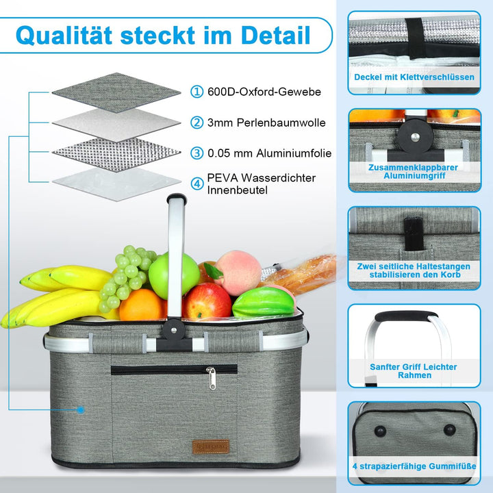 LIQINGG 35L Kühltasche Einkaufskorb Grosse isolierte Kühlkorb Lunchtasche Thermotasche für Büro Camp