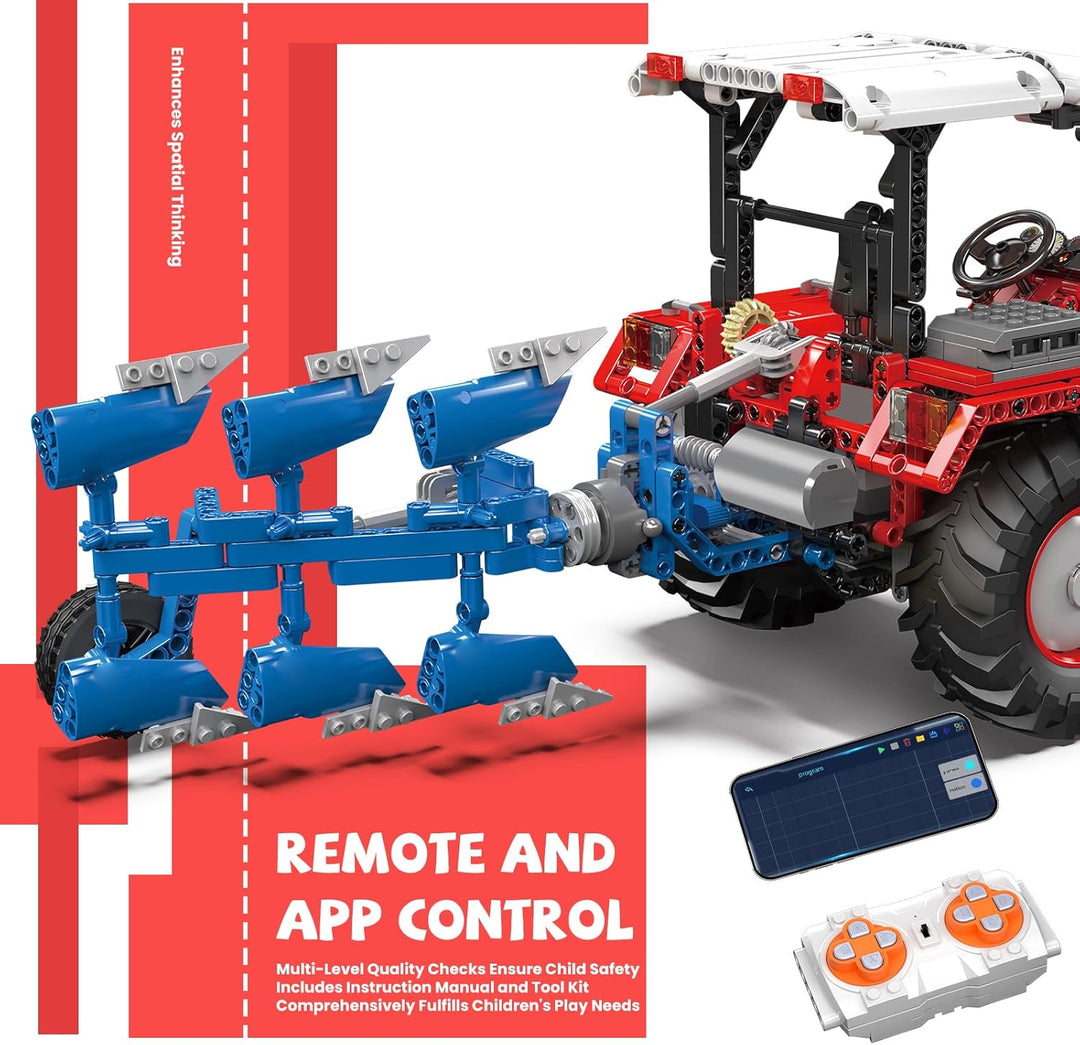 Mould King Traktor-Bausatz, 17064 Landwirtschaftsmodell mit Motor und Fernbedienung, 3 Front-Anbauge
