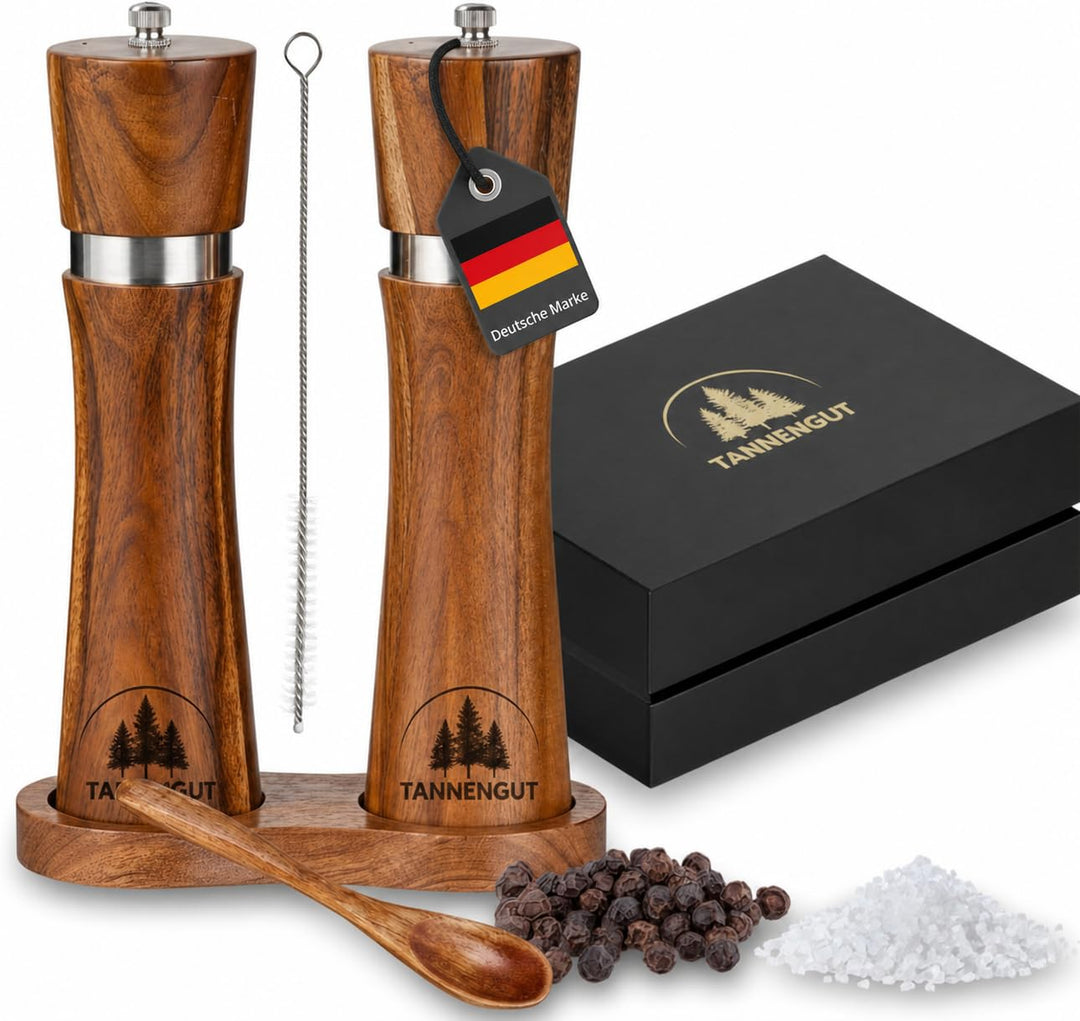 Salz und Pfeffermühle (5-teilig) |Gewürzmühlen aus Holz mit Untersetzer Löffel und Bürste |Keramikma