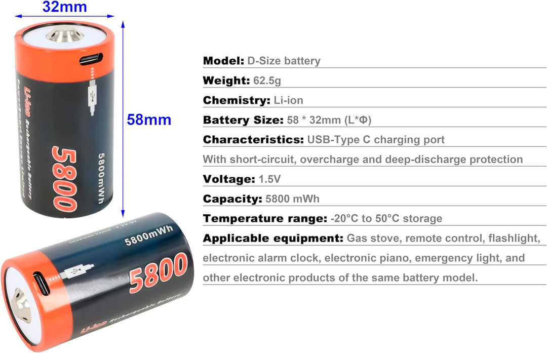 PowerSmart® Akkus (4 Pack) 5800mWh 1.5V LR20 Mono D USB-C Batterie, wiederaufladbar, mit 4-in-1 USB