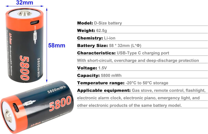PowerSmart® Akkus (4 Pack) 5800mWh 1.5V LR20 Mono D USB-C Batterie, wiederaufladbar, mit 4-in-1 USB