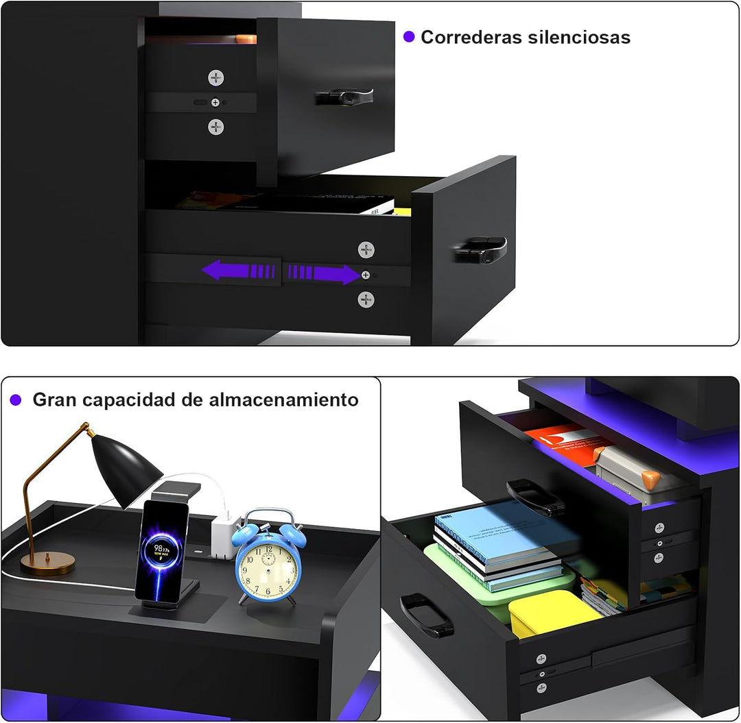 2er Set Nachttisch mit Steckdosen und USB-Anschlüsse, LED Licht 16 Farben Beleuchtung, Schublade und