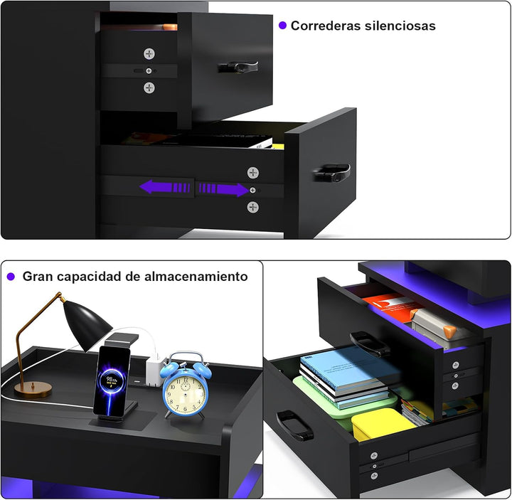 2er Set Nachttisch mit Steckdosen und USB-Anschlüsse, LED Licht 16 Farben Beleuchtung, Schublade und