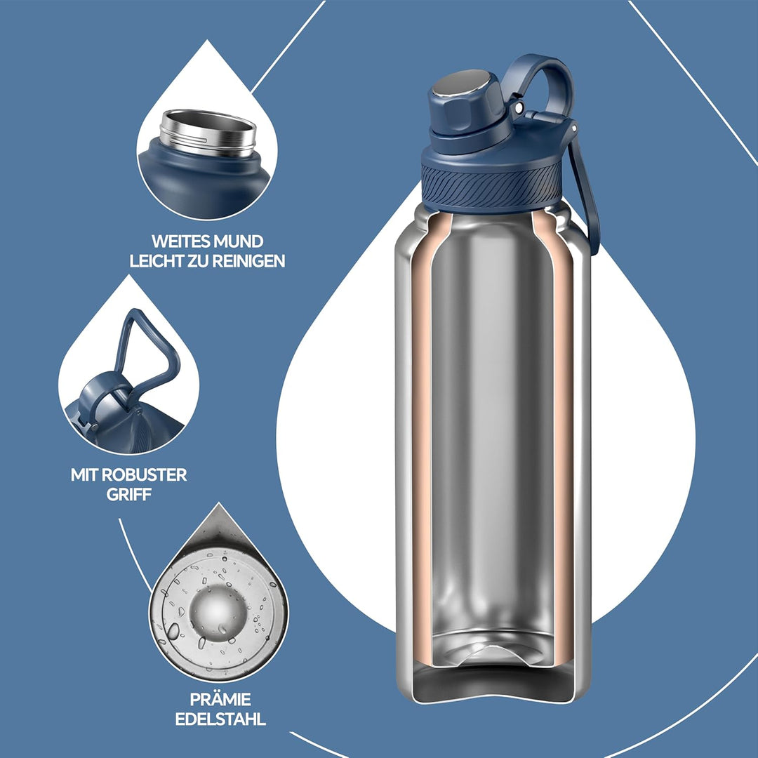IDEUS Vakuumisolierte Wasserflasche, 40oz (1140 ml) Edelstahl Doppelwand Flasche Metall Sport Kantin