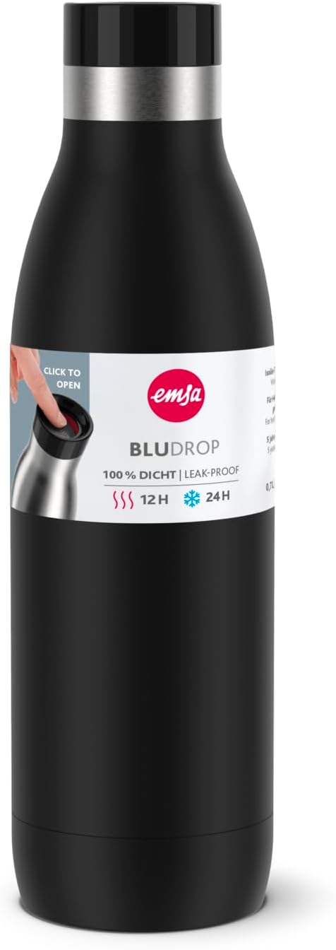 Emsa Bludrop Isolier-Trinkflasche, 0,7 Liter, 100% dicht, Quick-Press Verschluss, Ergonomischer 360°