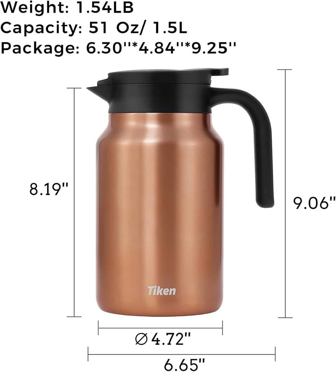 Tiken 1.5L Thermoskanne aus Doppelwandingem Edelstahl Isolierkanne Kaffeekanne mit Quick Tip Verschl