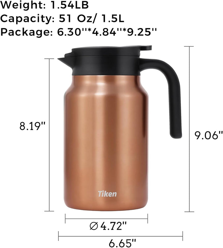 Tiken 1.5L Thermoskanne aus Doppelwandingem Edelstahl Isolierkanne Kaffeekanne mit Quick Tip Verschl