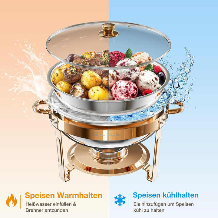 WARMOUNTS Rose Gold Chafing Dish Buffet 5L 4er Set, Rund Speisenwärmer für Catering mit Glasdeckel &