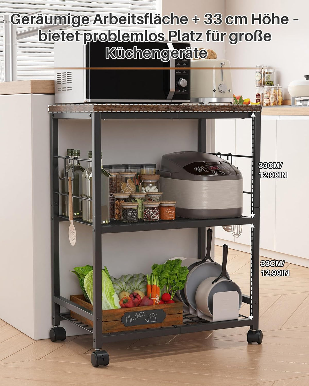 Metall Küchenregal mit Arbeitsplatte, 3 Ebenen Servierwagen mit Rollen für Mini-Backofen, Mikrowelle