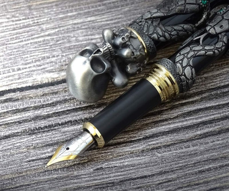 Jinhao Black Snake Füllfederhalter, feine Feder mit Totenkopfkopf, massives Metall Black Fine Nib Si