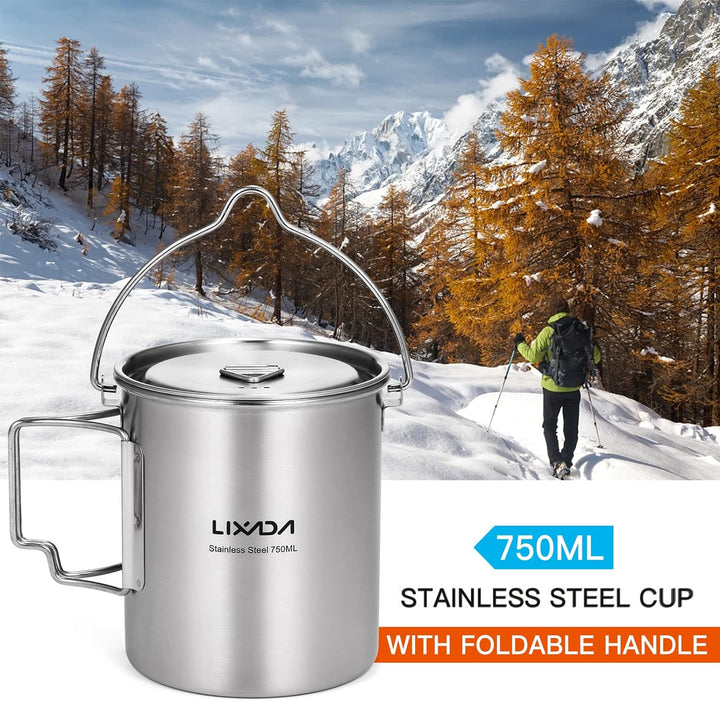 Lixada Camping Topf Edelstahl Titan Tasse Becher 750ml mit Faltbaren Griffe und Deckel Outdoor Tasse