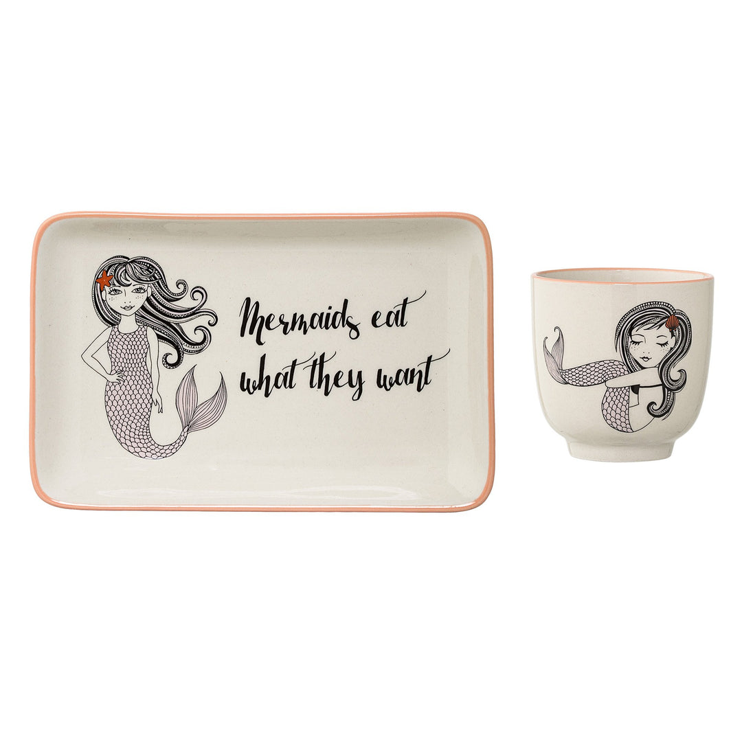 Bloomingville kleiner Becher und Teller Mermaid, weiss, Keramik, 2er Set