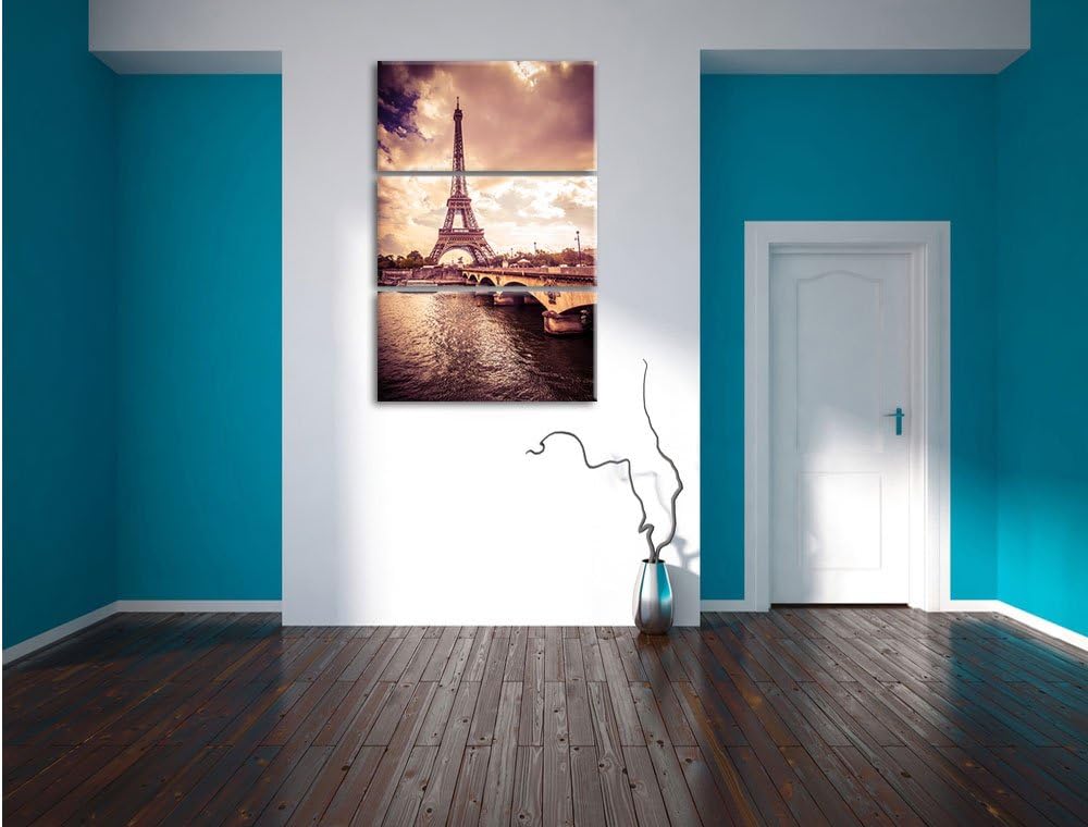 Pixxprint Eiffelturm in Paris / 3-Teilig/Gesamtmass 120cm Leinwandbild bespannt auf Holzrahmen/Wandb