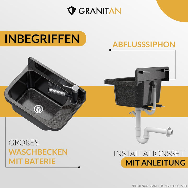 Granitan Ausgussbecken für Garage Keller Werkstatt und Waschküche - Universal Waschtrog mit Siphon -