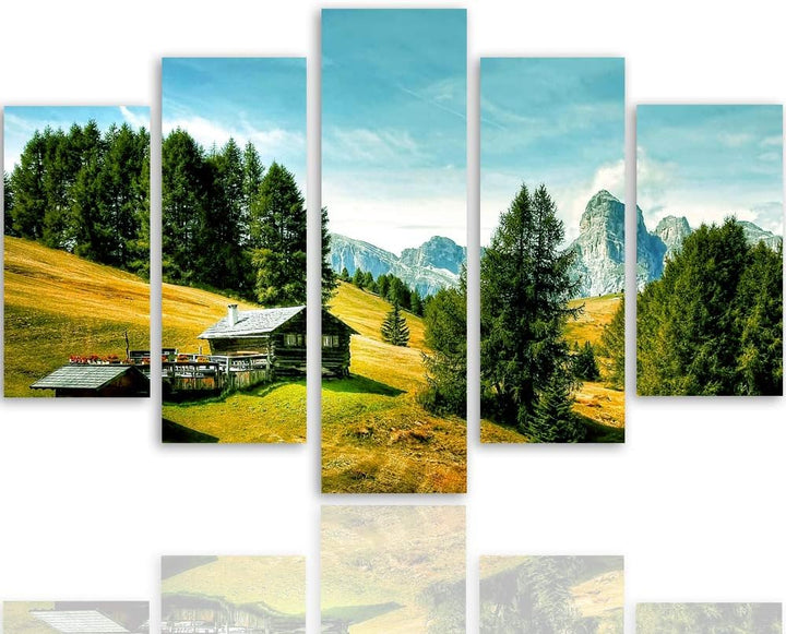 Feeby Bilder Berge 250x120 cm - Leinwandbild 5 Teilig XXL Kunstdruck Hütte Bäume grün Leinwandbild X