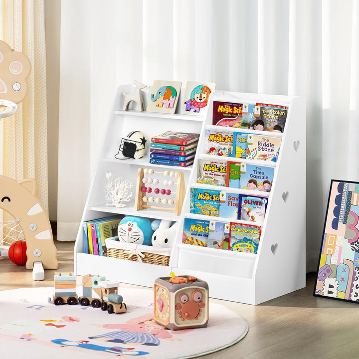 Kinder Bücherregal mit 5 Bücherdisplays und 4 Ablagefächer, Gross Weiss Kinderregal Büchergestell fü