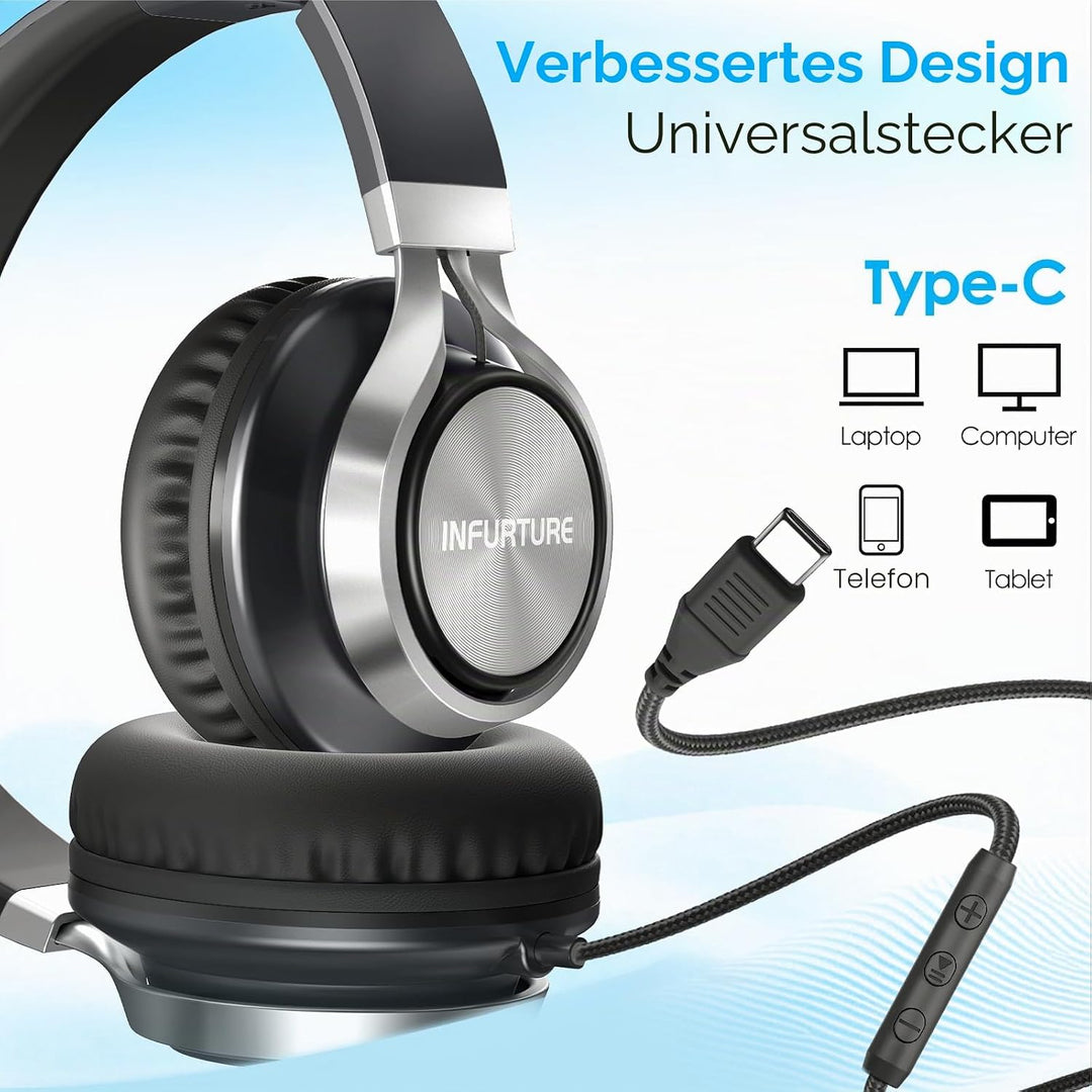 INFURTURE USB-C-Kopfhörer mit Mikrofon und Lautstärkeregler, Nur 191g Over Ear kopfhörer, Leicht Kop