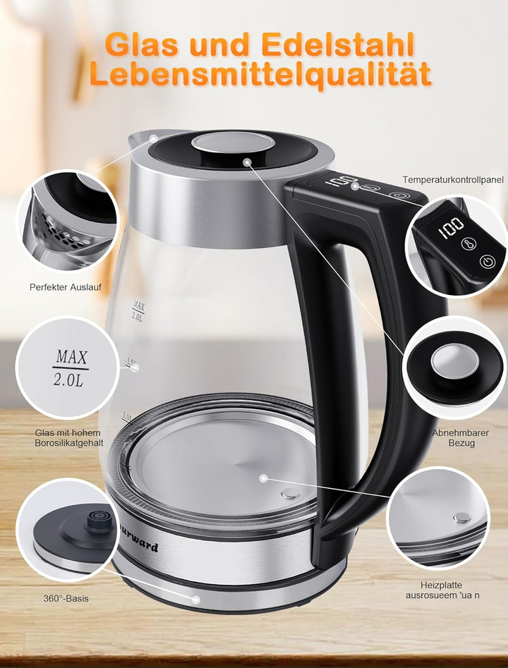 Fourward Wasserkocher – 2.0L 2200Wall Glas Kettle mit Temperaturwahl, BPA frei, Digitale Temperatura