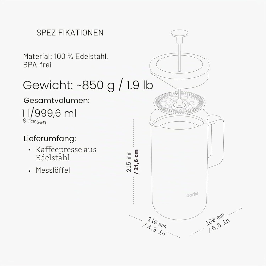 aarke Coffee Press – Premium Kaffeepresse aus Edelstahl im schwedischen Design, Doppelwand-Vakuumiso