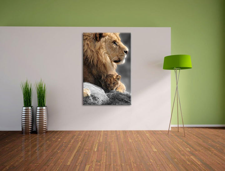 Löwe beschützt sein Löwenbaby schwarz/weiss Format: 100x70 auf Leinwand, XXL riesige Bilder fertig g