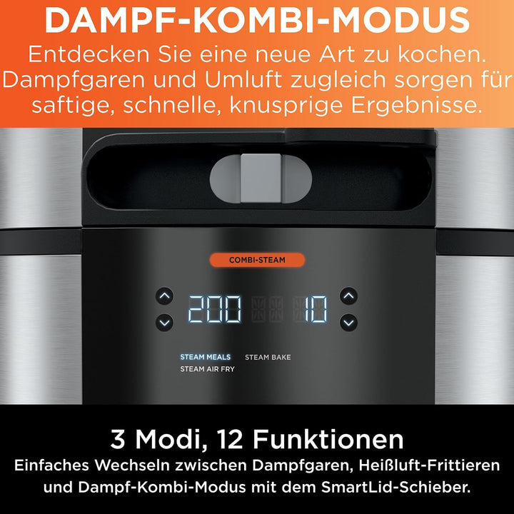 Ninja Foodi MAX 12-in-1 SmartLid-Multikocher [OL650EU], Schnellkochtopf & Heissluftfritteuse, 3 Modi