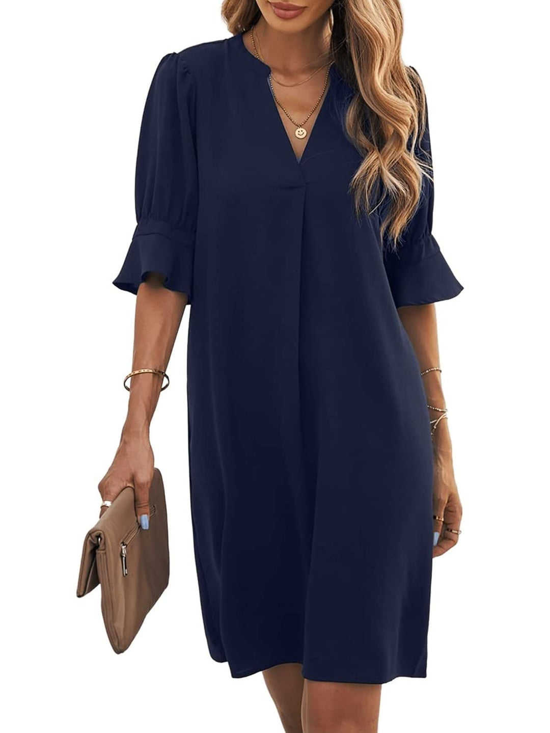 Famulily Frauen V-Ausschnitt Halbarm Hemdkleid Elegant Sommer Casual Einfarbig Kurzes Kleid S-XXL XX