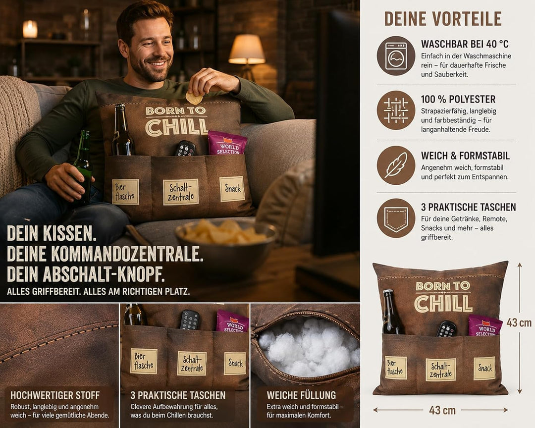 KAMACA Originelles Dekokissen Kissen mit 3 Taschen zum selber Befüllen Grösse 43x43 cm tolles Gesche