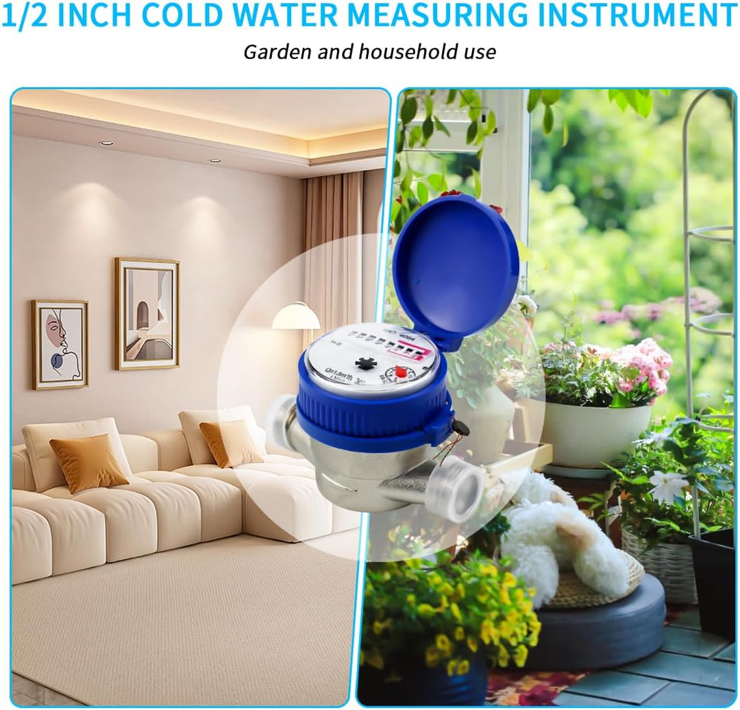 Wasserzähler für den Garten, 1/2 Zoll, kalibrierter Kaltwasserzähler, Wasserhahnzähler mit Montagezu