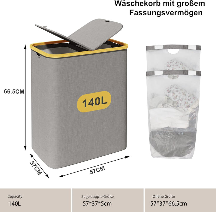 AdelDream 140L Wäschekorb mit Deckel 2 Fächer Wäschekorb Wäschesack schmal Wäschesortierer Wäschebox