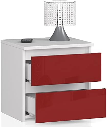 AKORD Nachttisch in minimalistischer Optik, mit 2 Schubladen, B40 x H40 x T35 cm Weiss / Rot Glänzen