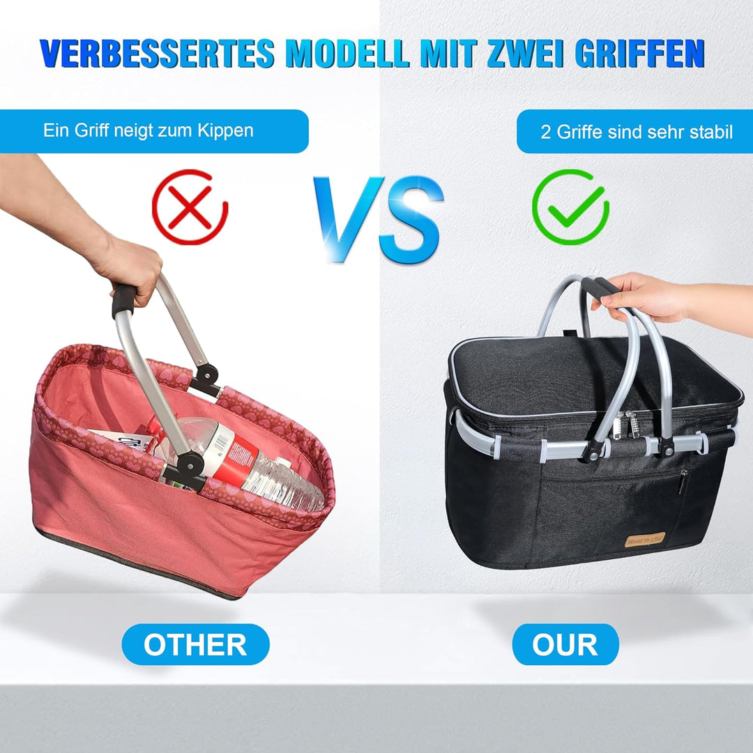 Kühltasche Einkaufskorb Grosser isolierter Kühlkorb Lunchtasche Bürowärmer Seitenstütze 2 Griffe Auf