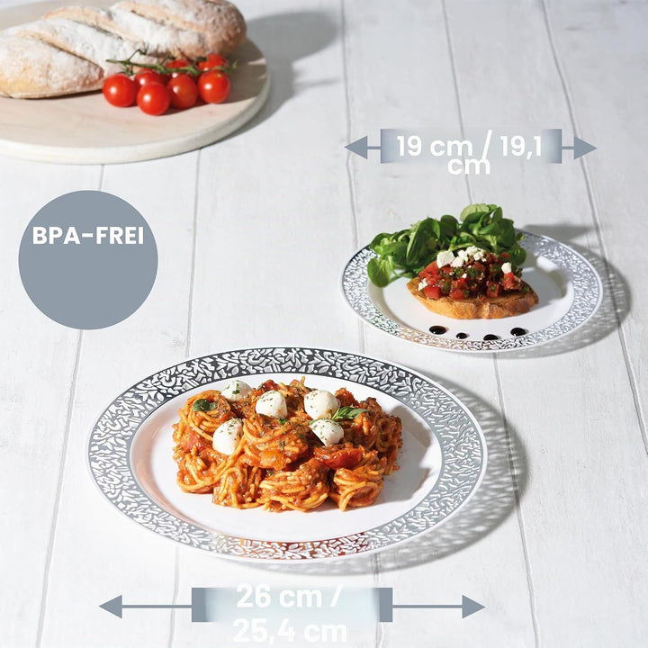 MATANA 40 Weisse Plastikteller mit Silbernem Rand für Hochzeiten, Geburtstage, Taufen, Weihnachten &