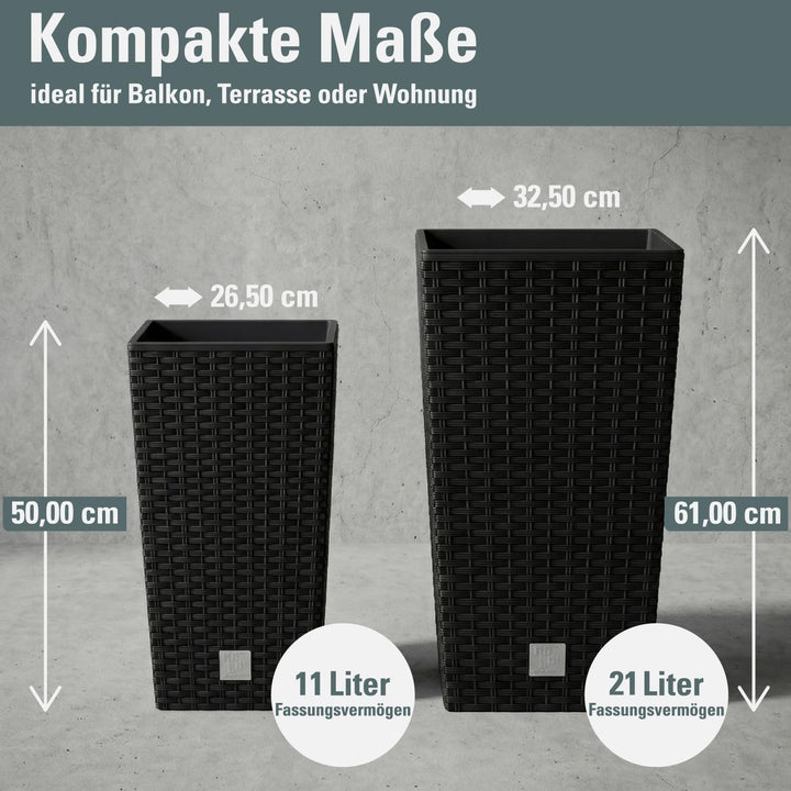 Prosperplast Blumentopf in Rattan-Optik Pflanzkübel mit Einsatz | 26,5 x 26,5 x 50 cm | anthrazit |