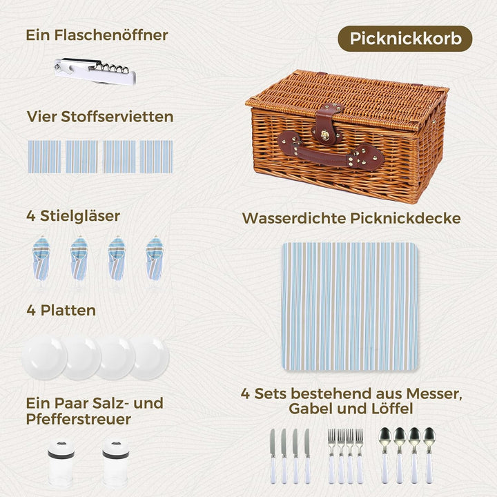 Picknickkorb Set für 4 Person mit Kühlfach und wasserdichte Picknickdecke, Abnehmbarer Riemen, Beste