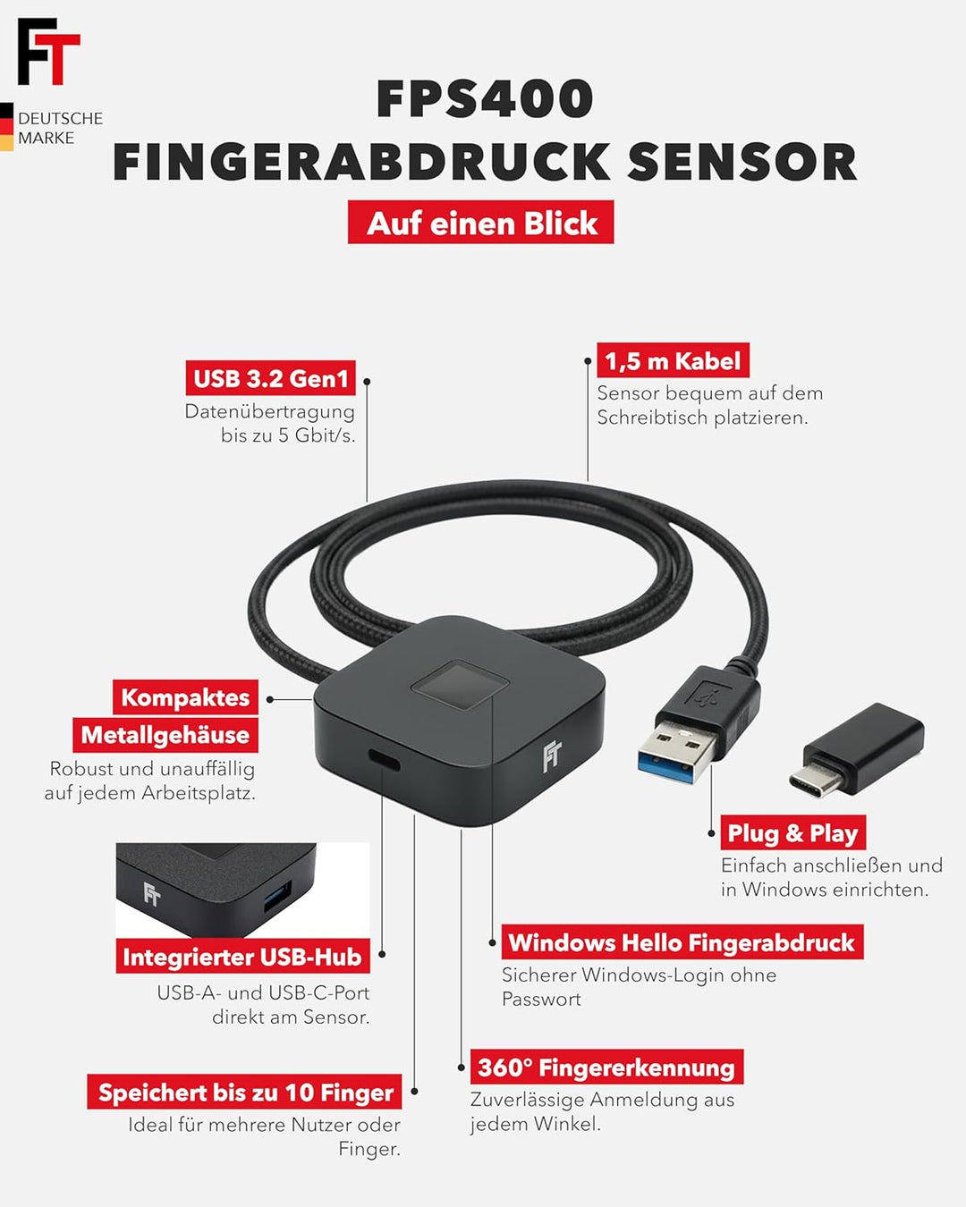 FeinTech FPS400 USB 3.0 Hub mit Fingerabdruck-Sensor für Windows Hello mit USB-Hub, mit USB-Hub