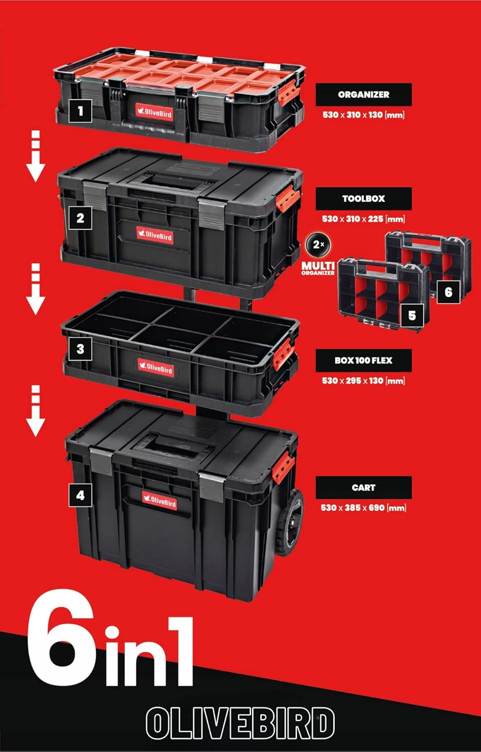 OliveBird 6 In 1 XL Sortimentskasten Werkstattwagen Rollbox Werkzeugkoffer Mobile Werkstatt Werkstat