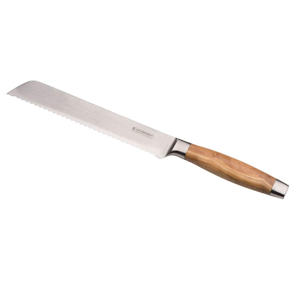 Le Creuset Brotmesser, 20 cm 18/8 Damaststahlklinge mit Wellenschliff, Olivenholzgriff, Braun/Silber