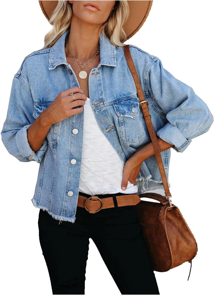 JayscreateEU Female Jeansjacke Kurze jacke Denim Jean Mantel Outwear Lange Ärmel Damen Jeansjacke mi