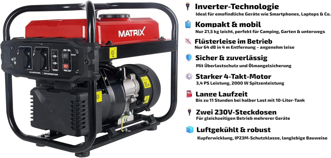 Matrix Notstromaggregat Benzin leise Generator Inverter Stromerzeuger Benzin Stromaggregat tragbar S
