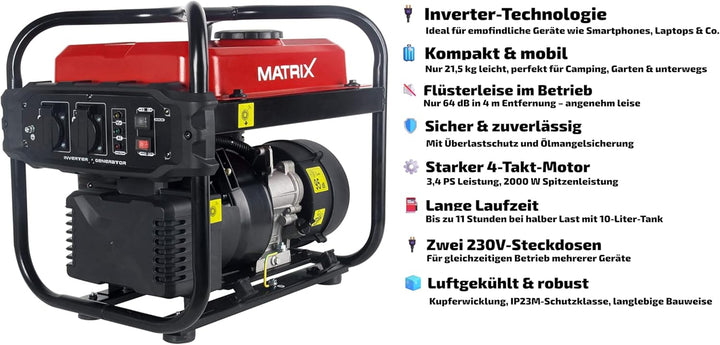 Matrix Notstromaggregat Benzin leise Generator Inverter Stromerzeuger Benzin Stromaggregat tragbar S