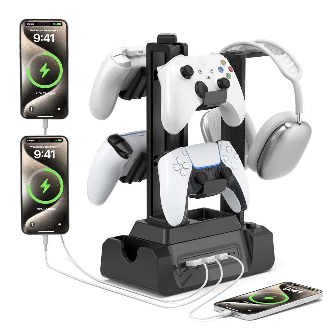 KDD USB Ladestation für Mehrere Geräte mit 4 Port, Handy Ladestation mit Headset und Controller Halt